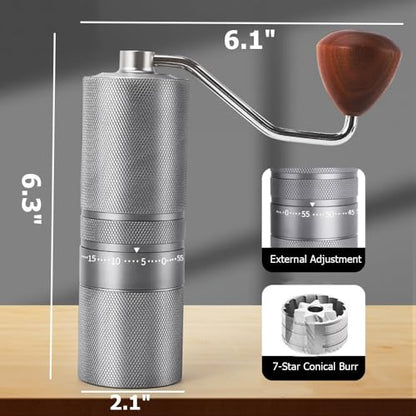 Manual Portable Coffee Grinder with 7 Star Conical Burr, 60 Clicks External Adjustment Full-Metal Coffee Grinder for Coffee Bean Grinder for Espresso, French Press, Travel, Camping, Home & Office Use - color: Silver