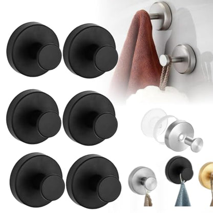 2025 Upgraded No-Drill Hooks, Suction Cup Hooks, Stainless Steel Suction Cup for Shower, Bathroom, Hanging Towels, Mounting on Glass Shower Doors, Tile, Mirrors (Black 6 PCS) - color: Black 6 PCS