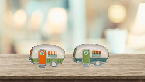 Beachcombers Ceramic Salt and Pepper Camper Design Shaker Matching Set 2" x 6.25" Coastal Beach Mountain Summer House Camping RV Kitchen Decor Decoration Cream