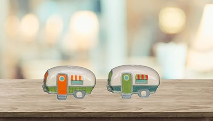 Beachcombers Ceramic Salt and Pepper Camper Design Shaker Matching Set 2" x 6.25" Coastal Beach Mountain Summer House Camping RV Kitchen Decor Decoration Cream