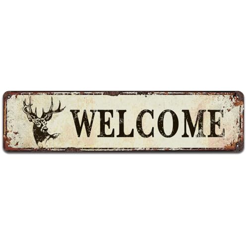 Deer Welcome Slogan Signs for A Cabin Store Sign, Deer Black Metal Wall Art Plaque Home Decor, Outdoor Tin Signs 4 x 16 Inch - color: V-136
