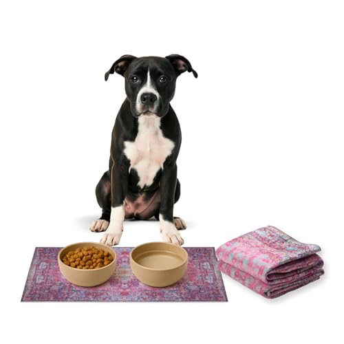 Lovewag Pets Waterproof 2-Pack Pet Feeding Mats - 16" x 24" Premium Cat & Dog Food Mat - Non-Slip, Machine Washable Food Mat Protects Floors & Contains Water Bowl Spills - Place Mats (Mystic Fuchsia) - color: Mystic Fuchsia