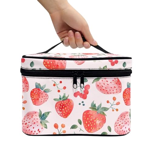 Comestic Bag for Women Strawberry Printed Makeup Brush Bag Exquisite Portable Travel Case for Toiletries Skin-Care Products with Versatile Uses - color: Strawberry
