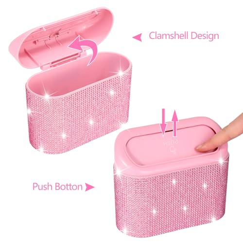 NBTEPEM Bling Pink Car Trash Can with Lid - 2 Pack, Mini Auto Garbage Can with 60 Trash Bags, Automotive Garbage Container Bin, Bling Car Accessories Trash Can for Women (Pink Diamond) - color: Pink Diamond