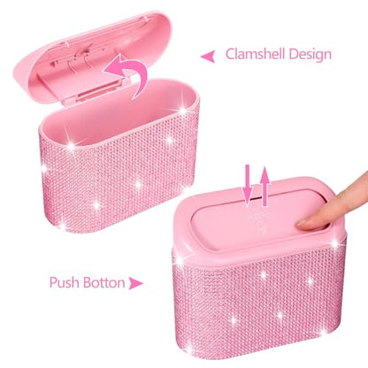 NBTEPEM Bling Pink Car Trash Can with Lid - 2 Pack, Mini Auto Garbage Can with 60 Trash Bags, Automotive Garbage Container Bin, Bling Car Accessories Trash Can for Women (Pink Diamond) - color: Pink Diamond