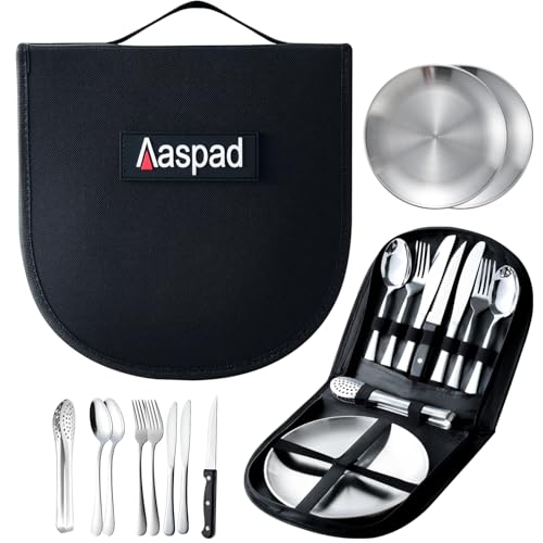 Full Size Stainless Steel Dish & Utensil Set Portable Picnic Mess Kit RV Camping Flatware Plate & Silverware Cutlery Dinnerware Packed 2 Fork,Spoon,Serrated Knife,Food Clip Outdoor Gift for Men - color: Sliver