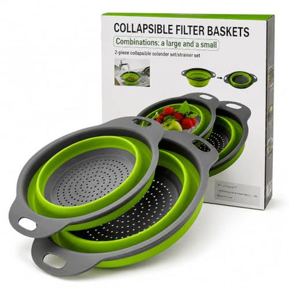 Collapsible Colander Set of 2, Folding Kitchen Strainers, Large & Small Silicone Drain Baskets for Pasta, Fruits and Vegetables