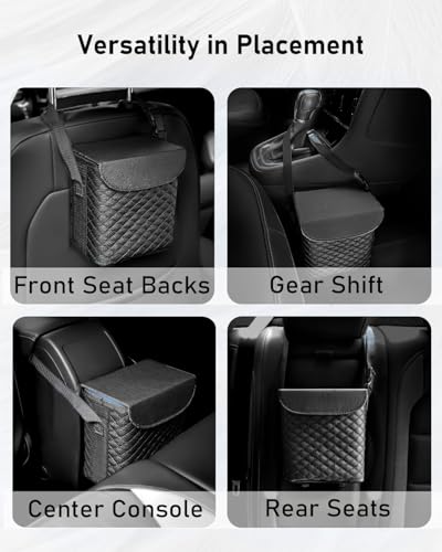 BELINOUS Leather Car Trash Can with Matching Tissue Holder | Waterproof and Leakproof, Mini Car Trash Can with Lid, Adjustable Strap, Small Garbage Bin