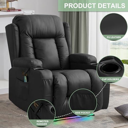 TUNYI Power Recliner Sofa with Massage & Heat Home Theater Seating with Console RV Recliner Sofa with USB/Storage/Side Pocket/LED Light (Black, 1PC) - color: Black, size: 1 Seat