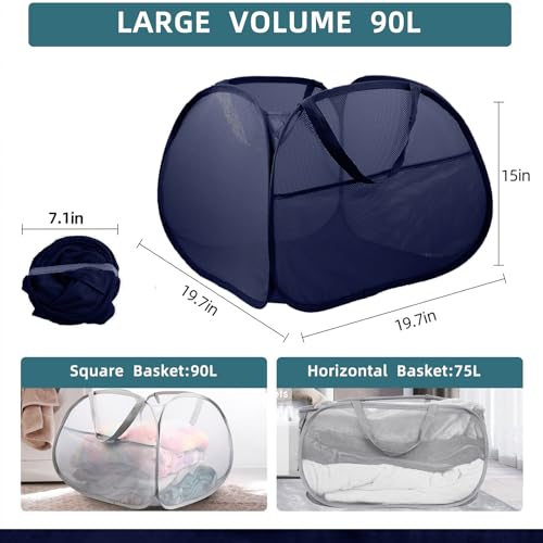 2 Pack Collapsible Foldable Laundry Baskets, 90L Large Durable Mesh Pop Up Hampers for Bedroom, Bathroom, Dorm, Laundry Room, Travel - Navy - color: 2xNavy