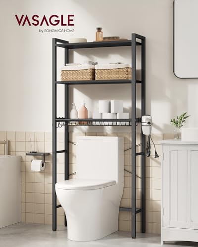 VASAGLE BARNET Collection - Over the Toilet Storage, Over Toilet Bathroom Organizer with Adjustable Shelves and Basket, 3 Hooks, Space Saving, 9.4 x 23.6 x 63 Inches, Ebony Black UBTS113BE01S - color: Ebony Black, style: 3 Tiers (63" H)