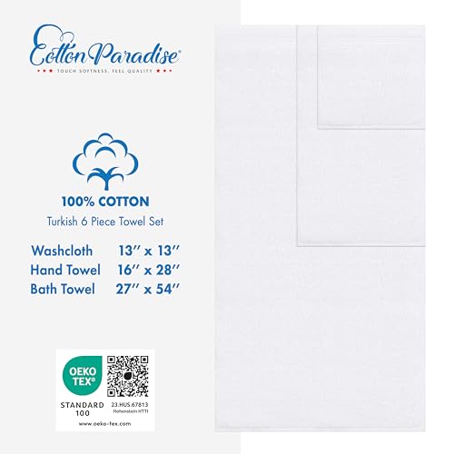 Cotton Paradise 100% Cotton Turkish Towel Set, Soft Absorbent Quick Dry, 6 Piece Towel Set, Snow White - color: Snow White