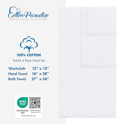 Cotton Paradise 100% Cotton Turkish Towel Set, Soft Absorbent Quick Dry, 6 Piece Towel Set, Snow White - color: Snow White