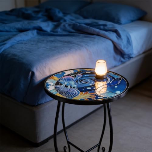15 Inch Jellyfish Mosaic Side Table (1 PC) - Small Outdoor Round Folding Table with Weather-Resistant Metal Frame, Coastal Accent End Table for Patio, Garden, Balcony, Backyard - color: Ocean