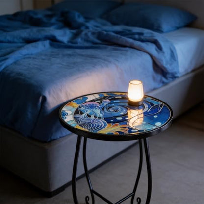 15 Inch Jellyfish Mosaic Side Table (1 PC) - Small Outdoor Round Folding Table with Weather-Resistant Metal Frame, Coastal Accent End Table for Patio, Garden, Balcony, Backyard - color: Ocean