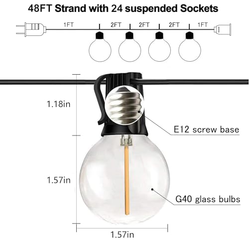 Banord 50FT G40 Globe String Lights with 26 Dimmable Plastic Bulbs, 2700K Waterproof Outdoor LED Lights for Patio, Porch, Cafe, Backyard, E12 Screw Base - size: 50FT