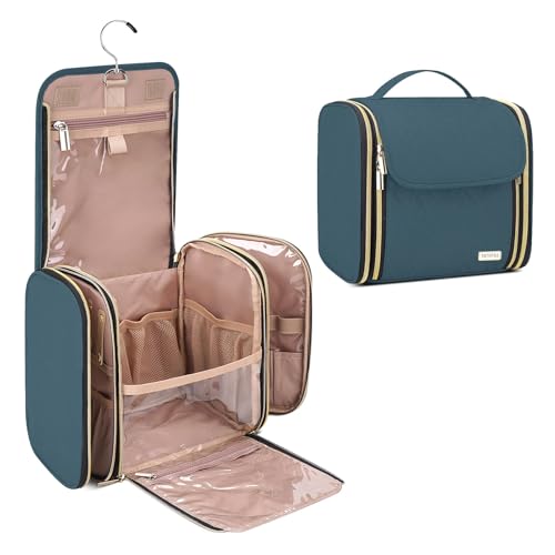 Hanging Toiletry Bag & Makeup Bag for Women with Jewelry Organizer - TSA Approved Large Capacity Travel Cosmetic Organizer, Waterproof Shower Essentials Case with Transparent Pockets - color: Lakeblue, style: Minimalist