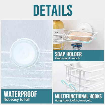 TAILI Shower Caddy Suction Cup 2 Pack with Hooks & Soap Holder, Heavy Duty Shower Organizer for Bathroom, No Drilling Bathroom Organizer with Large Capacity, Metal Storage Holder-White - style: 2 × White