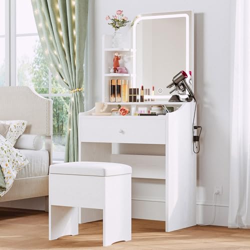 LIKIMIO Small Makeup Vanity Desk with Mirror and Lights, Vanity Table Set with Storage Drawer, Chair and Three Shelves, Bedroom, White - color: White
