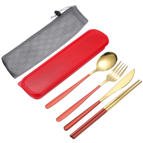 uxcell Travel Utensils with Case, Stainless Steel Portable Silverware, Red/Gold - color: Red/Gold