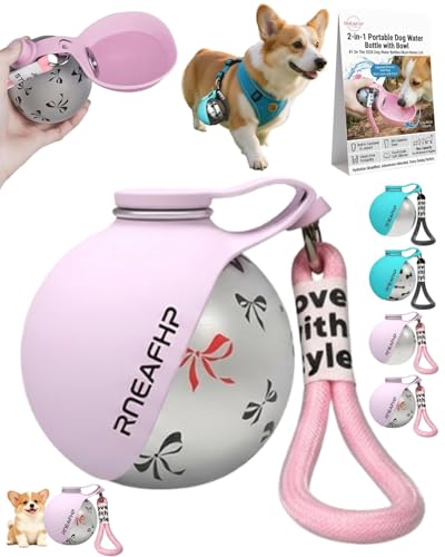 Dog Water Bottle with Bowl 2-in-1 Portable Leak Proof 10 OZ Puppy Travel Drink Dispenser for Large Medium Small Breeds Stainless Steel Hydration Tumbler Buddy Cup for Dogs Pets Outdoor(Pink B) - color: Pink B