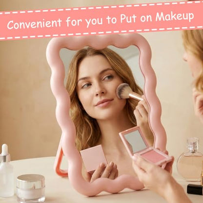 Pink Mirror, 6.9 * 5.3 Inch Small Mirror for Desk, Wave Shaped Personal Mirrors, Portable Folding Mirrors for Standing Hanging for Women, Offices and Bedrooms