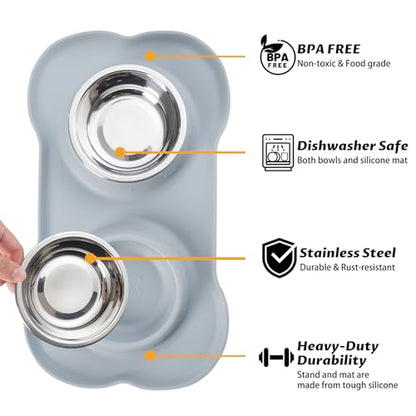 Hubulk Pet Dog Bowls 2 Stainless Steel with No Spill Non-Skid Silicone Mat + Pet Food Scoop Water and Food Feeder Bowls for Feeding Small Medium Large Dogs Cats Puppies ( Gray) - color: Gray, size: Small