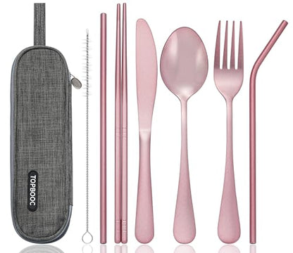 Portable Stainless Steel Flatware Set, Travel Camping Cutlery Set, Portable Utensil Travel Silverware Dinnerware Set with a Waterproof Case (Pink) - color: Pink