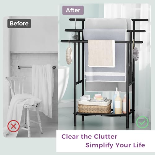 Free Standing Towel Racks for Bathroom, 3-Layer Towel Drying Rack with Storage Rack, Black Metal Towel Rack Stand, 12" W x 25.8" L x 39.4" H, UXJMJ002B