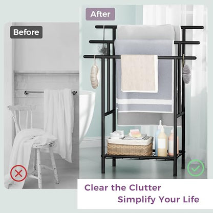 Free Standing Towel Racks for Bathroom, 3-Layer Towel Drying Rack with Storage Rack, Black Metal Towel Rack Stand, 12" W x 25.8" L x 39.4" H, UXJMJ002B
