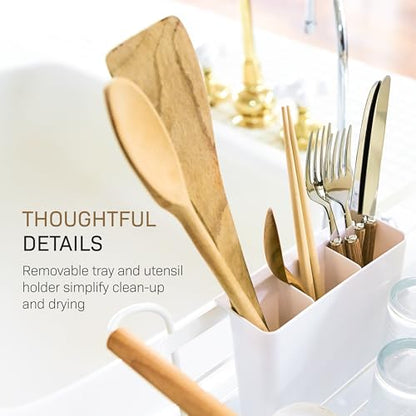 YAMAZAKI Home Dish Drying Rack – Modern White Dish Rack for Kitchen Counter with Removable Drying Tray and Cutlery Holder, Steel + Wood Dish Drying Organizer - Steel + Wood -