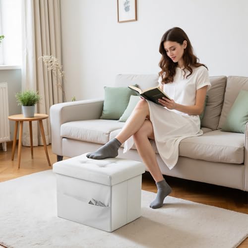 Bsketa Storage Ottoman Foot Rest Stool, Small Leather Storage Ottomans Bench, Folding Footstool with Side Pockets, Foot Rest Under Desk for Living Room Bedroom, 16x12x12 in, White - color: White-with Side Pockets.