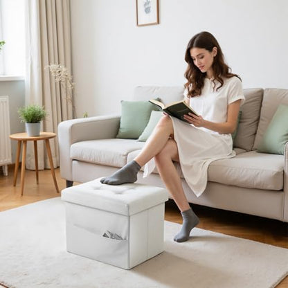 Bsketa Storage Ottoman Foot Rest Stool, Small Leather Storage Ottomans Bench, Folding Footstool with Side Pockets, Foot Rest Under Desk for Living Room Bedroom, 16x12x12 in, White - color: White-with Side Pockets.