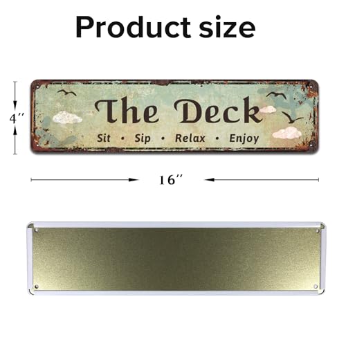 The Deck - Sit, Sip, Relax, Enjoy Metal Sign, Outdoor Living, Porch, Patio, Deck, Tin Signs 4 x 16 Inches - color: V-105