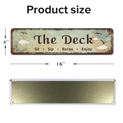 The Deck - Sit, Sip, Relax, Enjoy Metal Sign, Outdoor Living, Porch, Patio, Deck, Tin Signs 4 x 16 Inches - color: V-105