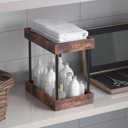 mahueeol 2 Tier Bathroom Organizer Countertop, Wooden Bathroom Trays for Counter Vanity Organizer Cosmetic Storage Vanity Organizer, Coffee Station Organizers, Kitchen Spice Rack - style: Retro
