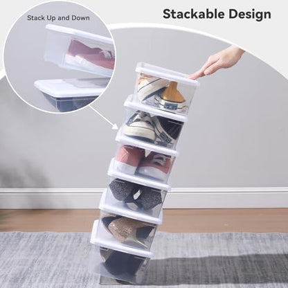 novelinks 8 Pack 6 Quart Clear Plastic Shoe Storage Bins with Lids (White) | Shoe Boxes Clear Plastic Stackable, Clear Shoe Storage Boxes, Shoe Containers, Shoe Bins, Craft Organizers and Storage - size: White 8Pack