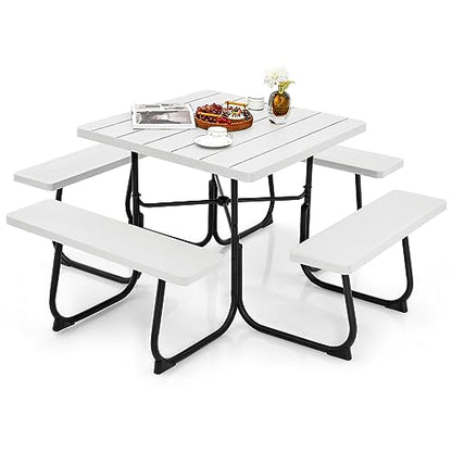 Tangkula 8 Person Picnic Table, Outdoor Square Picnic Table with 4 Built-in Benches, Umbrella Hole, Metal Frame & HDPE Tabletop, Outside Table and Bench Set for Backyard, 2300lbs Weight Capacity - color: White