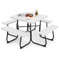 Tangkula 8 Person Picnic Table, Outdoor Square Picnic Table with 4 Built-in Benches, Umbrella Hole, Metal Frame & HDPE Tabletop, Outside Table and Bench Set for Backyard, 2300lbs Weight Capacity - color: White