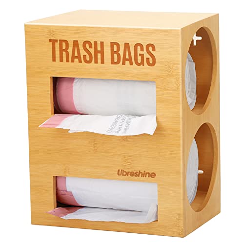 Libreshine Dual Roll Bamboo Trash Bag Dispenser & Grocery Bag Holder, 2-Compartment Organizer for 13–33 Gallon Rolls (Fits Up to 5.2”Dia), Wall Mount or Under Sink, Stackable Storage - color: Natural, Standard 2-slot