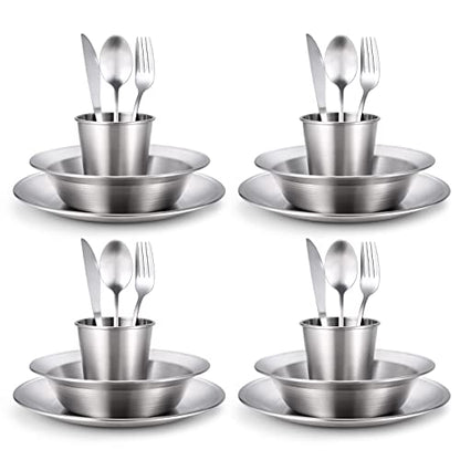 Odoland Stainless Steel Camping Mess Kit for Family & Person, Cooking Tableware Utensils with Plates Bowls Forks Spoons Knives & Savings Bag for Camping, Backpacking, Hiking, Picnic - style: 4 Person Set