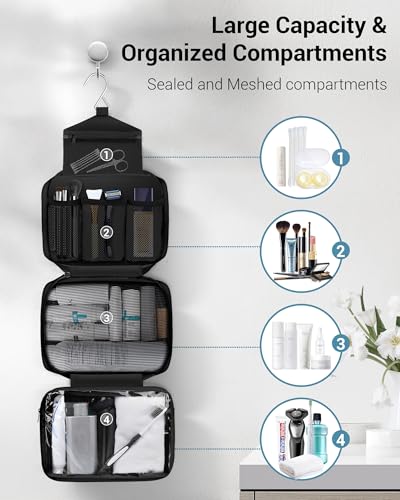 Maliton Toiletry Bag for Men & Women Travel Toiletry Bag Hanging Toiletry Bag Hygiene Bag with 4 Compartments Waterproof Bathroom Shower Bag for Traveling(Black) - color: Black