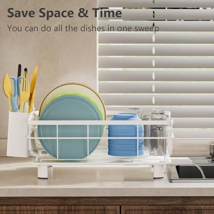 AIDERLY Auto Drain Metal Dish Drying Rack Dish Drainers, All White | with Draining Tray, Strainer, for Kitchen Counter, Sink - color: White