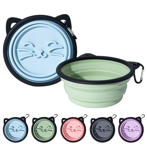2Pack Silicone Collapsible Dog Bowls, Cute Pet Ear Shape and Cat Graphic Travel Water Bowl Full of Pet Atmosphere 25oz Portable Feeder for Small Large Dog Walking Hiking Camping (Light Blue and Green) - color: Light Blue and Green