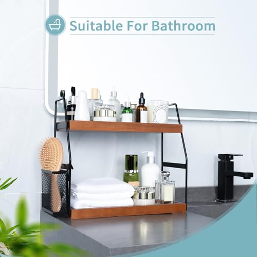 Bathroom Counter Organizer, 2-Tier Standing Storage Shelf with Basket, Wood Tray for Skincare Vanity Organizer(Brownish) - style: 2 Tier Brownish