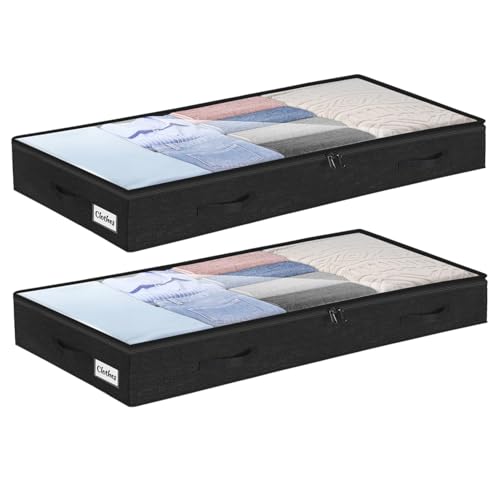4 Inch Low Profile Under Bed Storage Drawer 2 Pack, Lightweight Underbed Clothes Storage Container Bins With NO STURCTURE, Shallow Storage Bag for Dorm & Home, With Clear Lids & Water-Resistant Fabric - color: Soft-Black-2 Pack, size: 4 Inch
