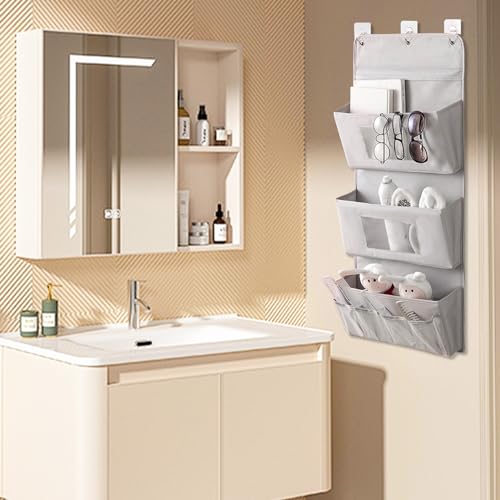 Wall Hanging Storage Caddy Bag, Wall Hanging Basket with Pockets, Oxford cloth Wall Organizer, Waterproof Hanging Storage Bag for Kitchen, Bedroom, Bathroom, Door, Office, Grey, MEI001