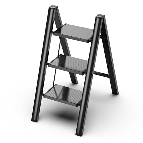 3 Step Ladder, Folding Step Stool with Wider Pedal, Anti-Slip Feet & Non Slip Stripes, Aluminum Sturdy Material, 300Lbs Capacity, Elegant Look of Piano Black Better Matches Your Home - color: Black, size: 3 Step