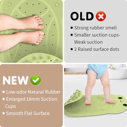 Upgraded Kids Bathtub Mat Non Slip, Low-Odor Natural Rubber Bath Mat with Strong 18mm Suction Cups, Flat Non-Slip Surface, 30"x18" Cute Frog Design, Shower Mat Fast Draining for Smooth Tubs, Green - color: Green