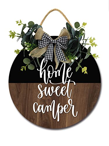 Home Sweet Camper Sign Farmhouse Wood Sign Front Porch Decor Rustic Wooden Sign Wall Decor Hanging Wooden Decorations with Bow-Knot for Home Porch Wall Door, 12 x 12 inch